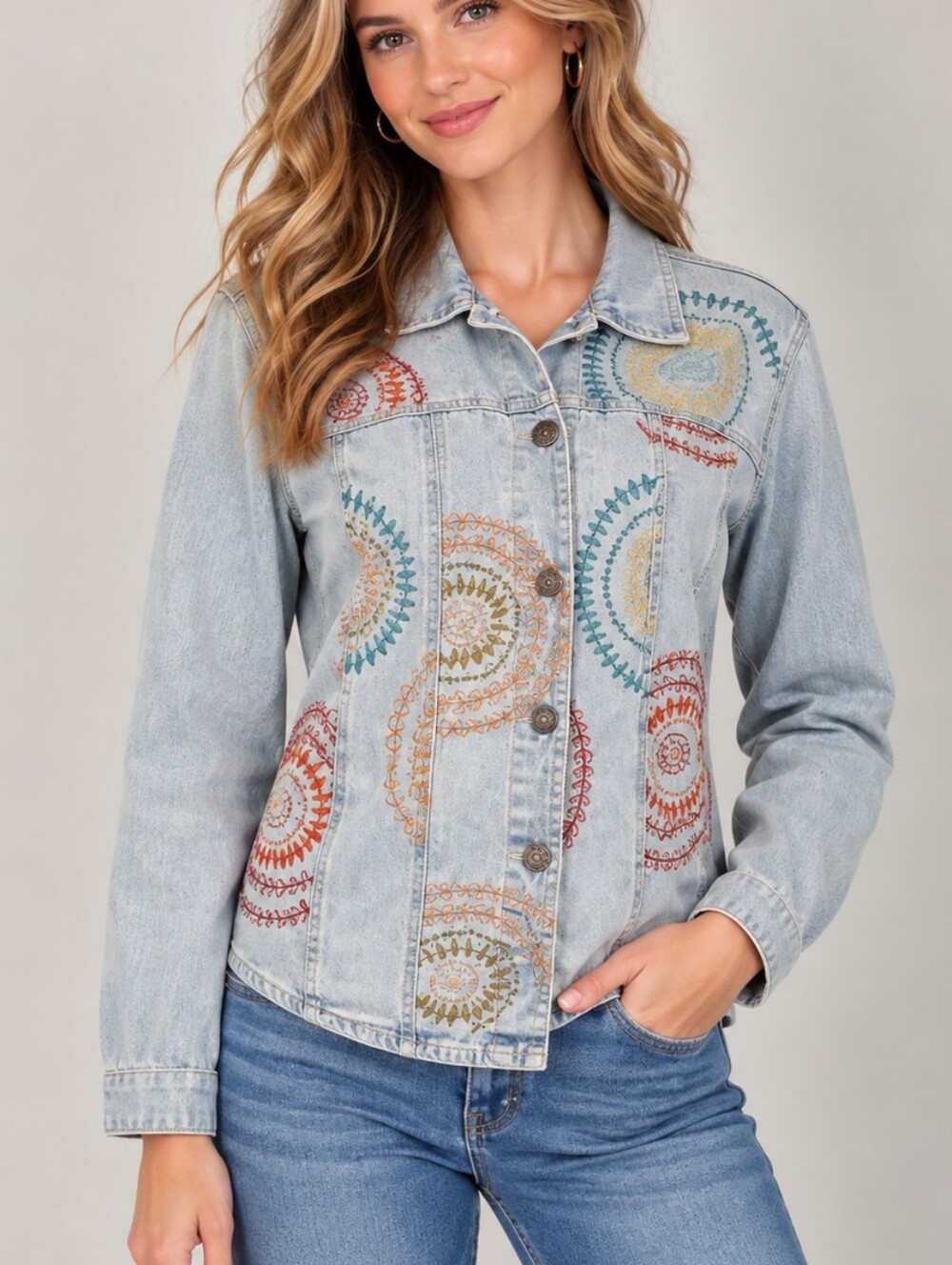 VTG WHITE STAG Chambray Psychedelic Embroidered Long-Sleeve Festival Shacket